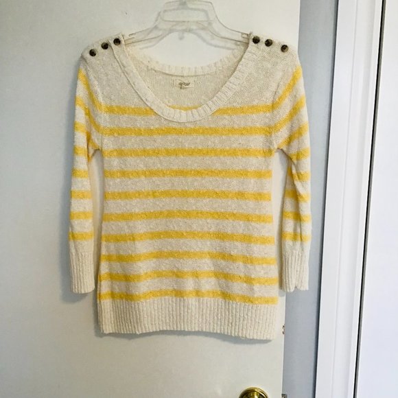 AERIE Cream & Yellow Striped Scoop Neck Sweater With Button Detail - Picture 1 of 10